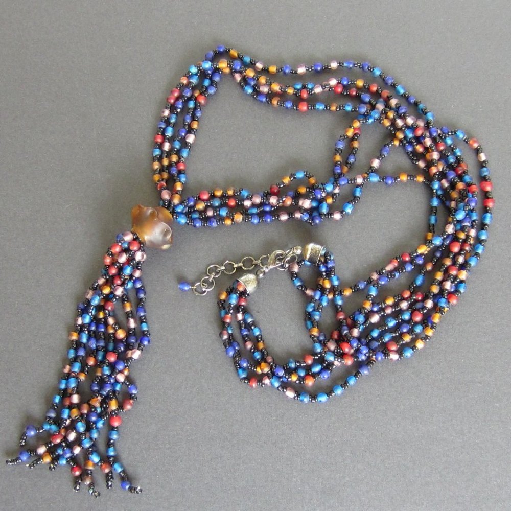 Czech Glass Beaded necklace with Long Tassel and Earrings